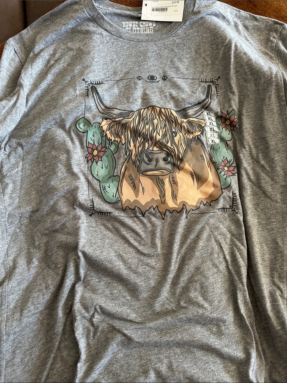 Howdy Crowd Clothing Women's Gray Tee with Highland Cow Graphic